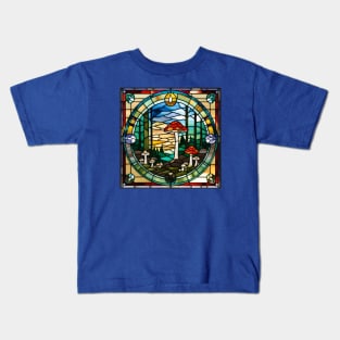 Mushroom Forest at Dusk Stained Glass Kids T-Shirt